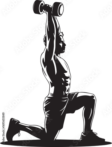 Muscular male fitness silhouette performing dumbbell overhead lunge exercise strength training