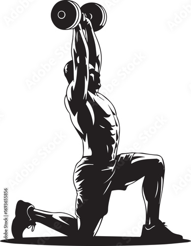 Fitness athlete silhouette performing overhead dumbbell press exercise on one knee