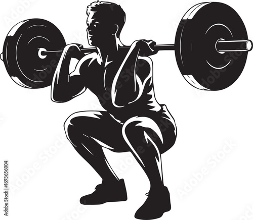 Fitness athlete silhouette performing barbell squat exercise strong muscular bodybuilder
