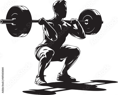 Muscular fitness athlete silhouette performing barbell squat strength training workout