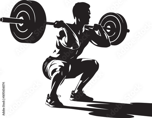 Fitness athlete silhouette performing a barbell squat powerful strength training exercise gym motivation