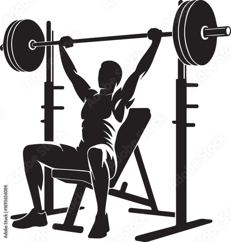 Strong fitness athlete silhouette performing bench press exercise with weights