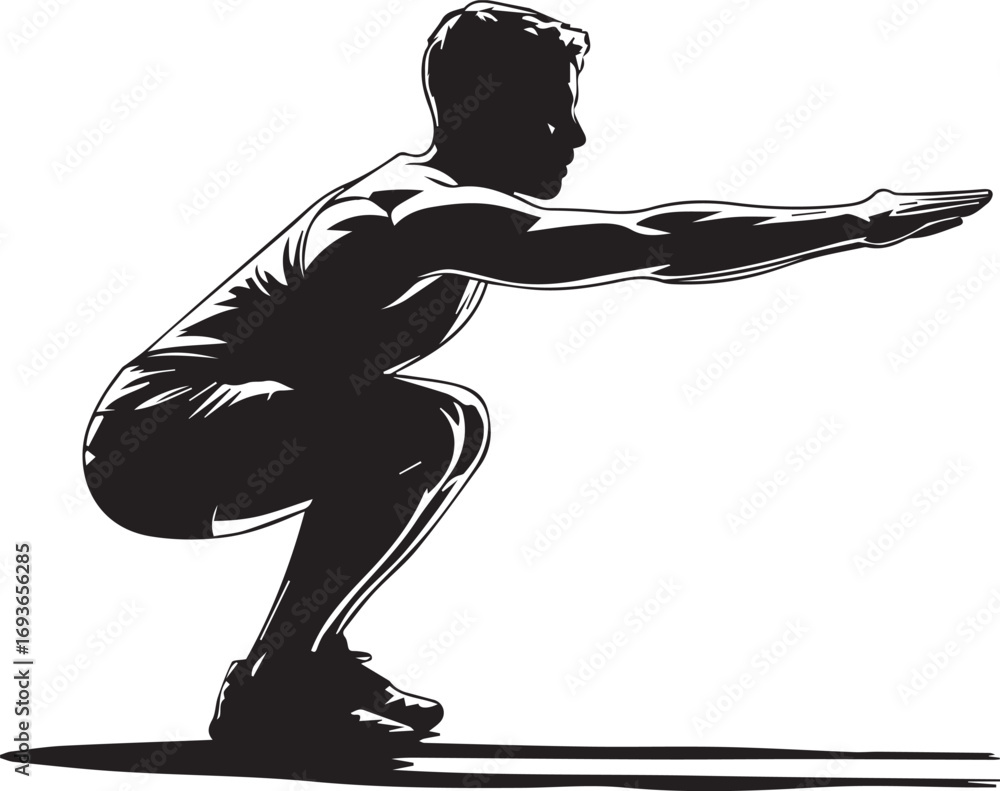 Fototapeta premium Dynamic silhouette of a muscular fitness athlete performing a strength training squat exercise