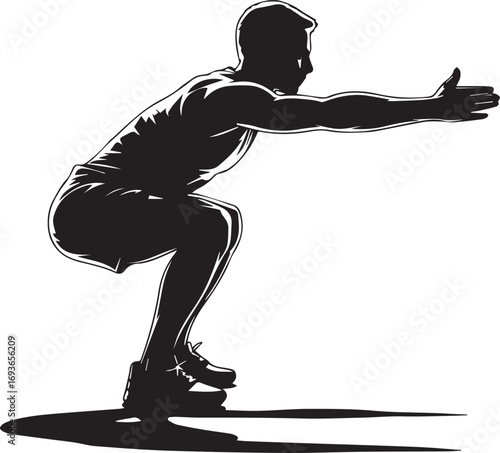 Muscular fitness athlete silhouette performing a deep squat exercise with arms extended forward