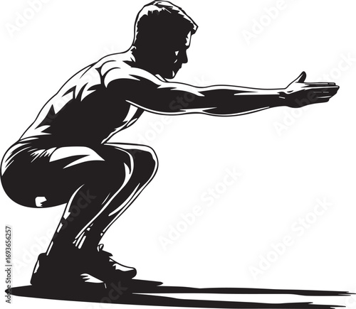 Fitness athlete silhouette performing squat exercise dynamic pose muscular bodybuilding workout