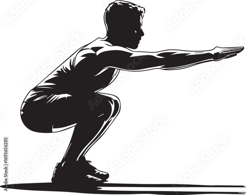 Dynamic silhouette of a muscular fitness athlete performing a strength training squat exercise