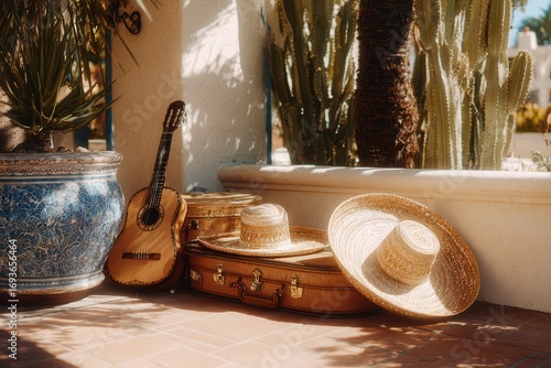 Vintage Travel Essentials Featuring Straw Hats, Acoustic Guitar, and Rustic Suitcase in Sunlit Garden Setting Surrounded by Cacti Plants