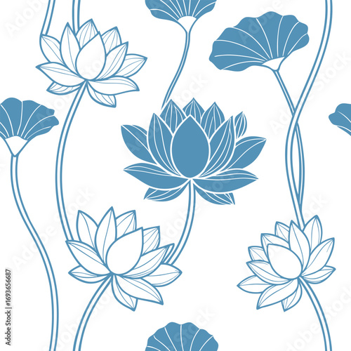 Seamless lotus flower pattern in blue outline on white background. Elegant botanical vector design for fabric, wallpaper, and decoration. Minimal floral illustration with natural style.