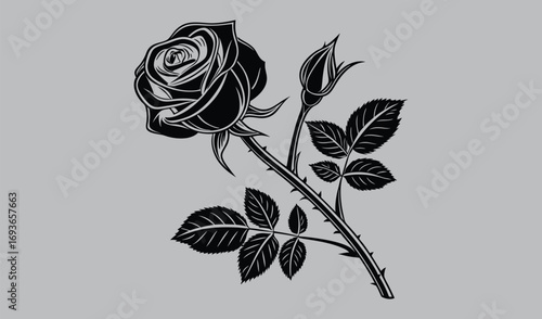Black and white vector illustration of a vintage floral rose pattern