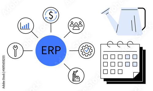 ERP system hub linked to icons representing finance, human resources, analytics, tools, and production. Includes watering can and calendar for planning. Ideal for business, management, efficiency