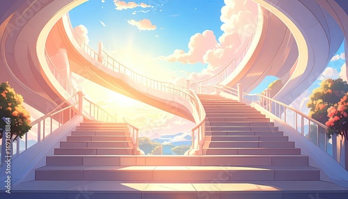 Whimsical, spiral staircase leading to a serene, sunlit vista