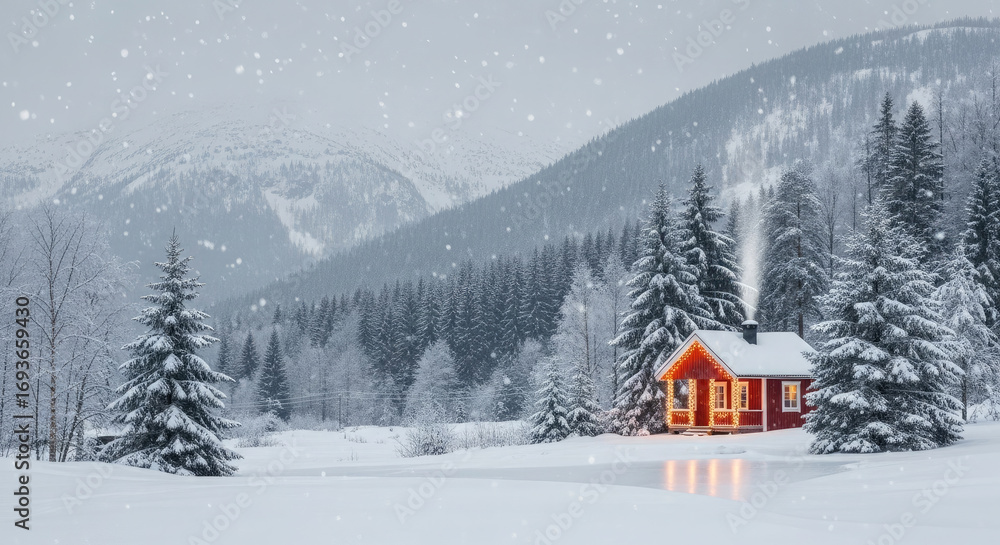 Naklejka premium A Fairytale Christmas Cottage in a Snowy Valley.