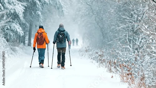 People hike in a snowy forest seen from behind Two hikers in front use poles The scene has a winter outdoor adventure vibe