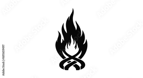 Stylized black silhouette of a campfire with intertwined logs against a white background.