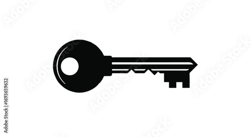 Simple black key isolated on a white background, representing access and solutions.