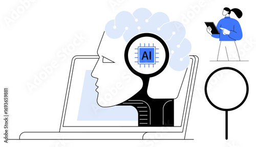 Human head silhouette containing AI brain chip displayed on a laptop, magnifying glass, researcher analyzing data. Ideal for innovation, technology, AI future, machine learning, computing, robotics