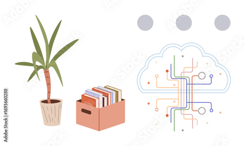 Potted plant, box of books, and cloud with circuits emphasizing technology, education, growth, and sustainability. Ideal for learning, data management, eco-awareness digital systems cloud storage
