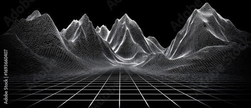 Fototapeta Naklejka Na Ścianę i Meble -  Abstract digital landscape of mountains, gridded foreground
