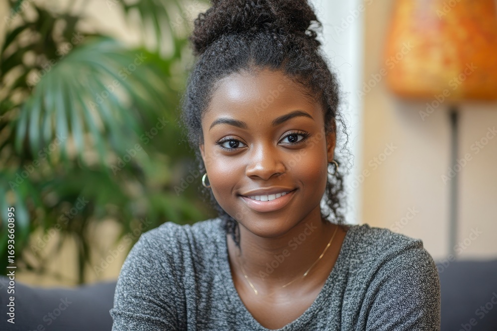 Fototapeta premium Portrait of a young African American woman sitting at home with a headset, holding a tablet, smiling and engaging directly with the camera during a video call, Generative AI