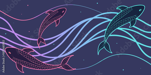 Three elegant koi fish swim gracefully through flowing pastel waves creating a serene underwater scene