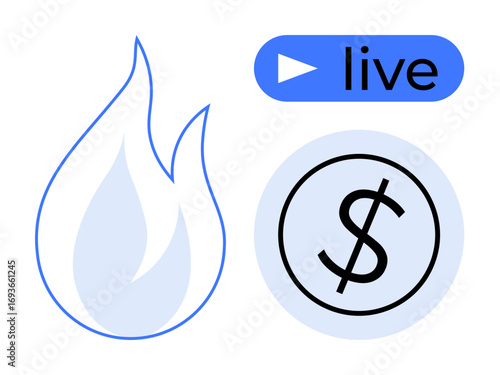 Blue flame, dollar sign in circle, and play button with live text. Ideal for streaming success, content creation, financial growth, monetization, live events popularity and social media. Simple