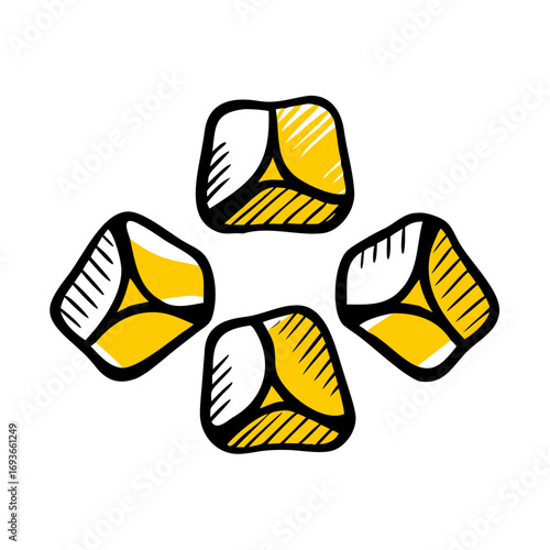 Cartoon ice cubes with yellow shading on white background
