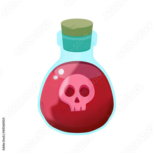 A vibrant, illustrated potion bottle with a skull symbol, symbolizing danger and allure.
