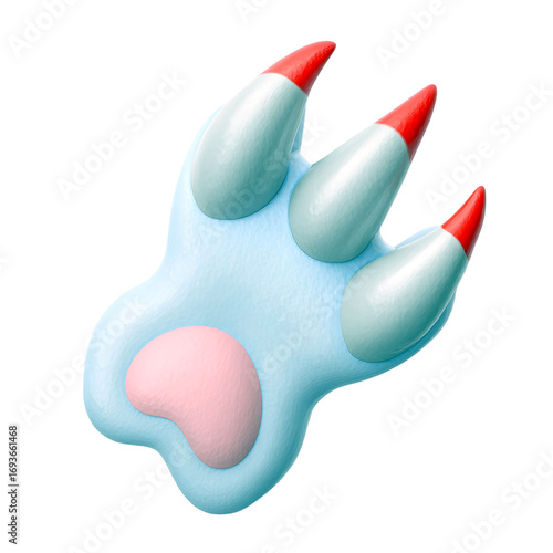 A whimsical, colorful paw print design with three sharp claws.