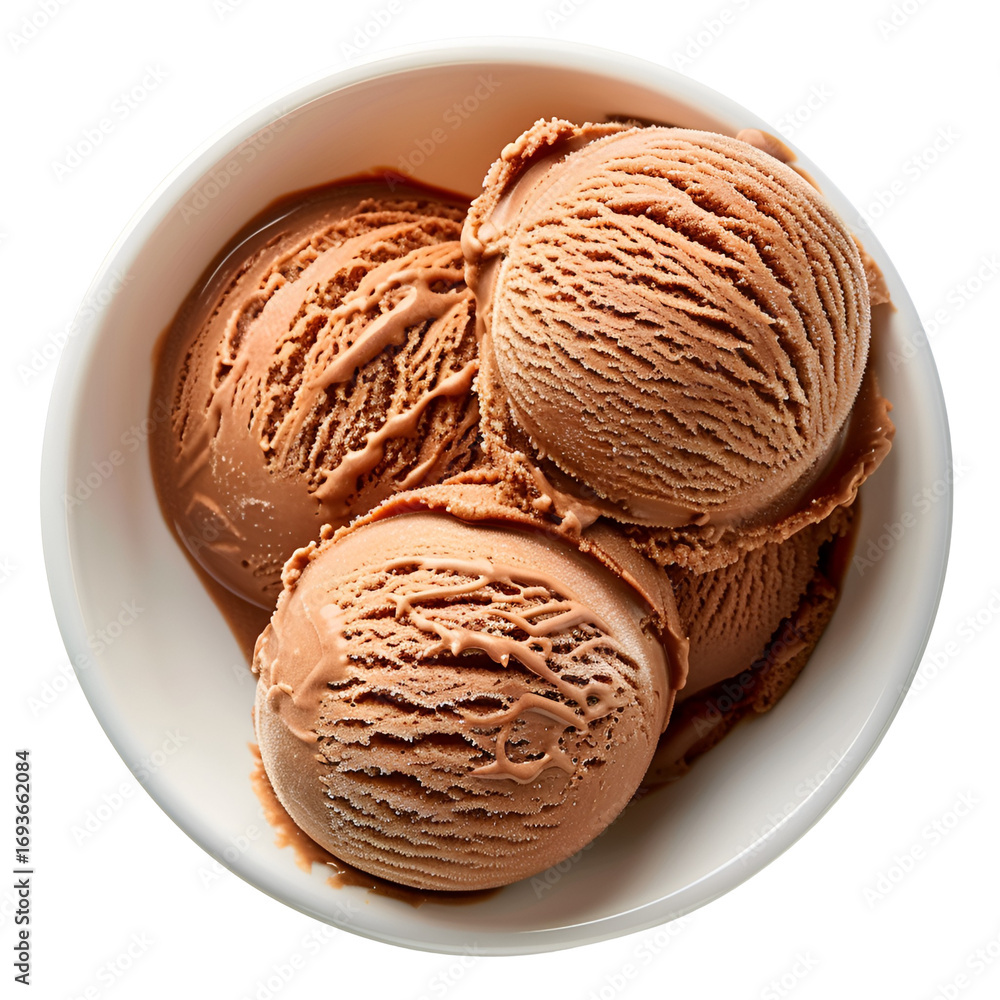 Fototapeta premium Chocolate ice cream scoops in white bowl top view isolated 