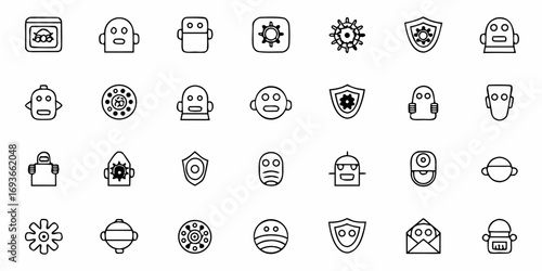 Diverse robot icons and machine elements conveying technology, AI, and innovation concepts for digital projects