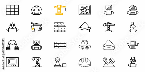 Modern construction and technology icons featuring robots, cranes, helmets, and building materials
