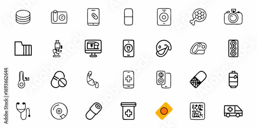 Collection of medical and technology icons including pills, stethoscope, microscope, and computer screen