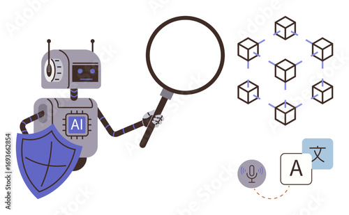 Robot holding magnifying glass with shield labeled AI, examining blockchain cubes and translation icons. Ideal for technology, AI, language, blockchain, security, innovation digitalization. Simple