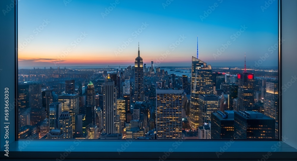 Naklejka premium New York City Skyline View from Window at Twilight
