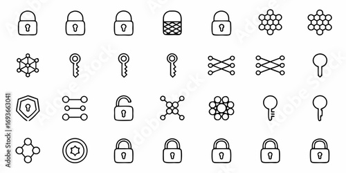 Secure digital access icons featuring locks, keys, and network nodes for data protection concepts