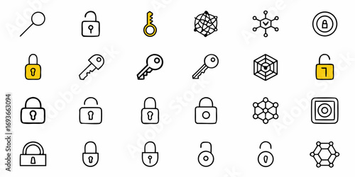 Unlock your ideas with these secure lock and key icons, perfect for business and tech concepts.