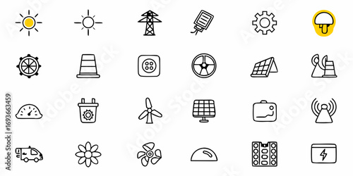 Dynamic energy icons showcase sun, wind, solar, and technology for modern industry and innovation