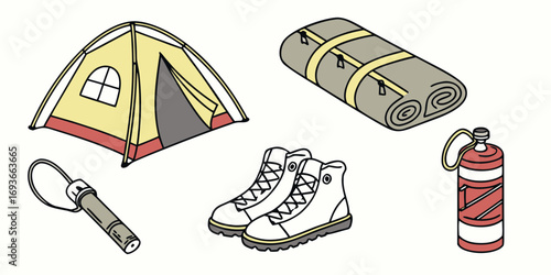 Essential camping gear including tent, sleeping bag, hiking boots, and lantern for outdoor adventures