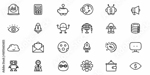 Modern business icons set featuring finance, technology, and automation concepts for digital projects