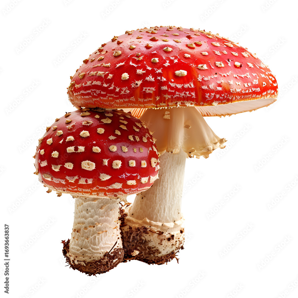 Obraz premium Red toadstool mushrooms with white spots isolated on white 