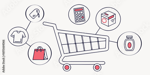 Shopping cart with diverse items representing online retail and consumer choices