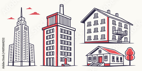 Diverse building collection modern cityscape housing urban development architecture design elements