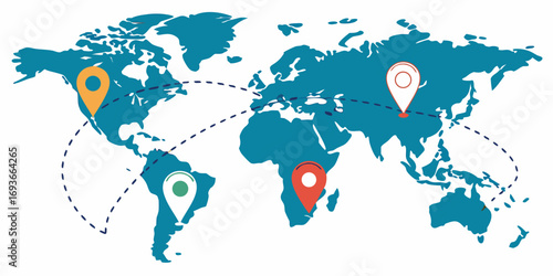 Global travel routes connect continents with colorful location pins across the world map