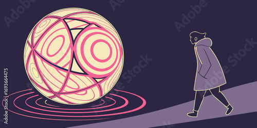 Person walks towards mysterious glowing sphere, symbolizing discovery and the unknown.