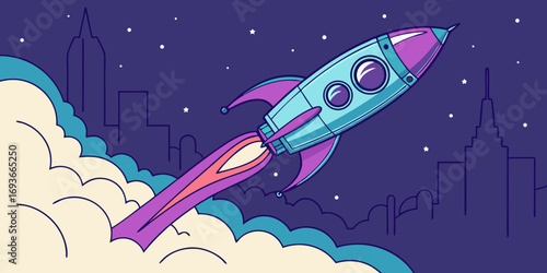 Rocket ship soaring towards the future above city skyline, space exploration concept
