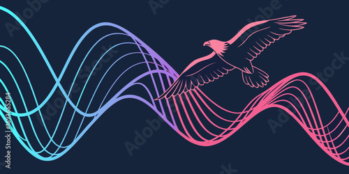 Soaring eagle with dynamic waves, representing freedom, power, and success, vector art