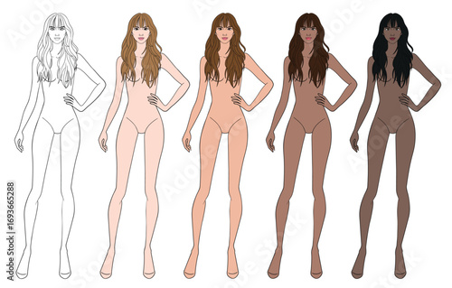 Colored skin tones fashion croquis figurines hand on hip with long wavy with bangs hairstyle woman in vector.