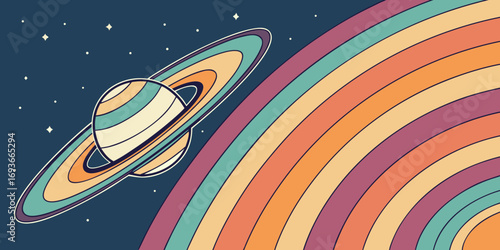 Retro planet and rainbow design with stars, evoking a sense of wonder and cosmic beauty