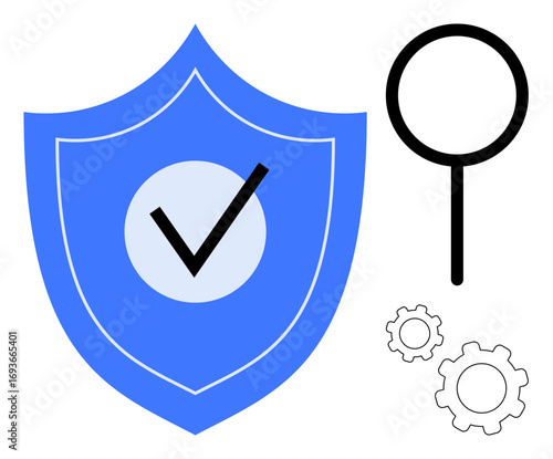 Blue shield with checkmark symbolizing protection, magnifying glass for analysis, gears for system functionality. Ideal for security, privacy, analysis, maintenance, reliability, optimization simple