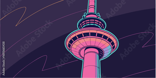 Vibrant illustration of modern city landmark with dynamic colors and abstract lines design